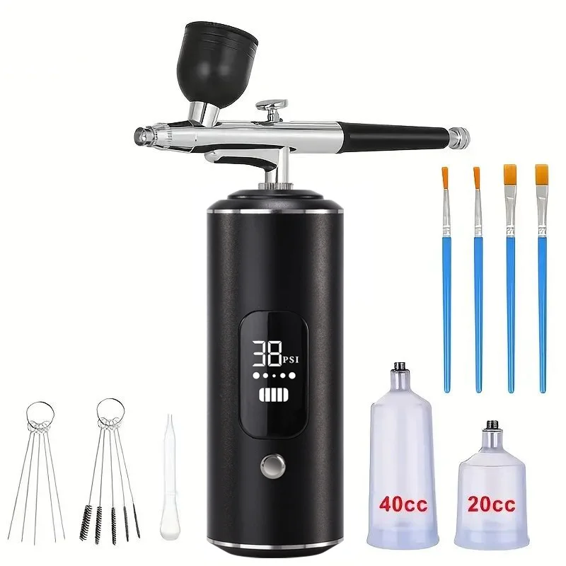 Draadloze spuitpistoolset met display verstelbaar 3, spijkerpistoolset, anti-verstopping, inclusief mondstuk van 0,3 mm, reinigingsborstel, verlenging