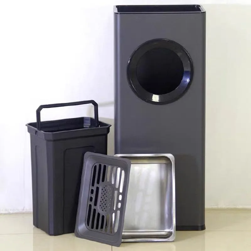 Vertical Stainless Steel Trash Can Round Mouth Ashtray Waste Bins Independent Inner Bucket Easy Clean Commercial Cleaning Tools