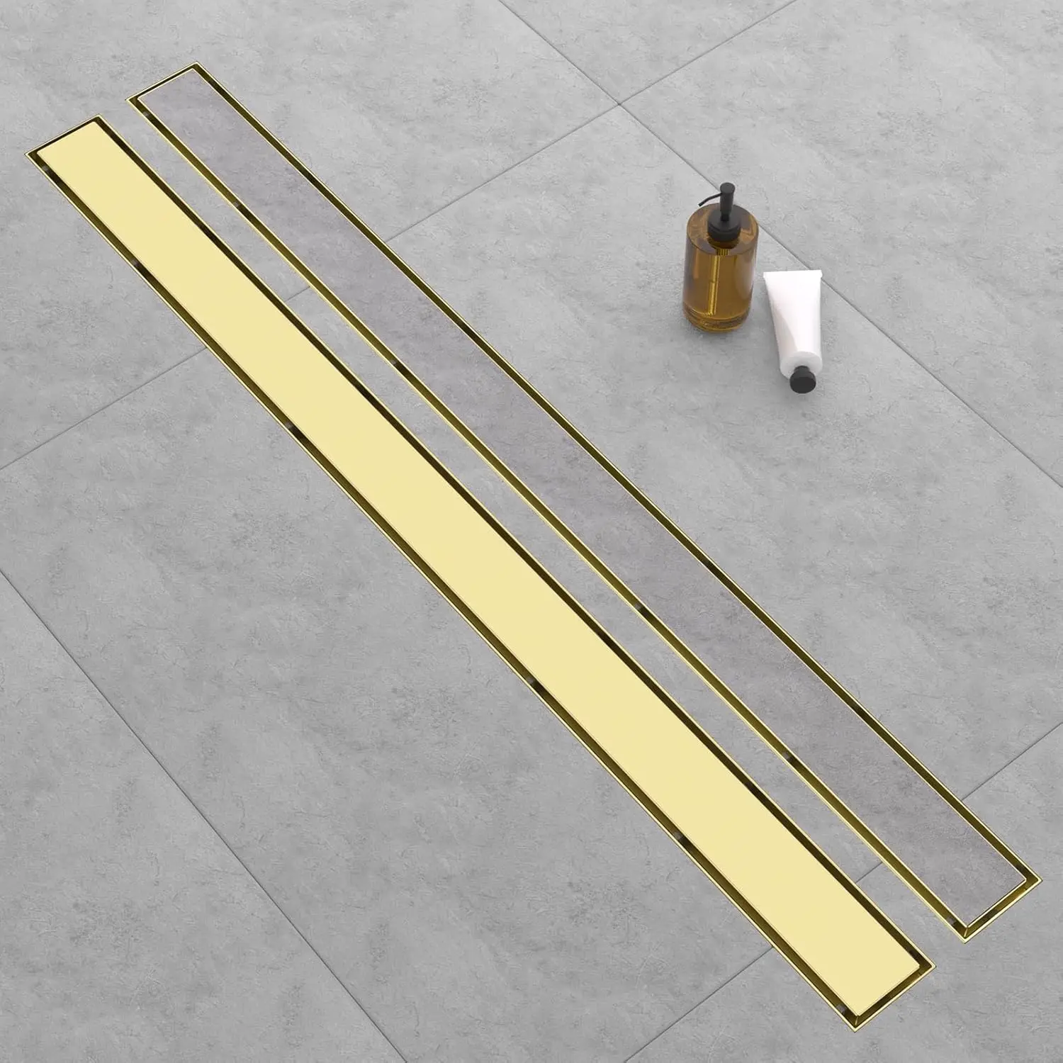 

60 Inch Linear Shower Drain with Adjustable Feet, Hair Catcher, Tile Insert Panels - Fits Bathroom and Balcony
