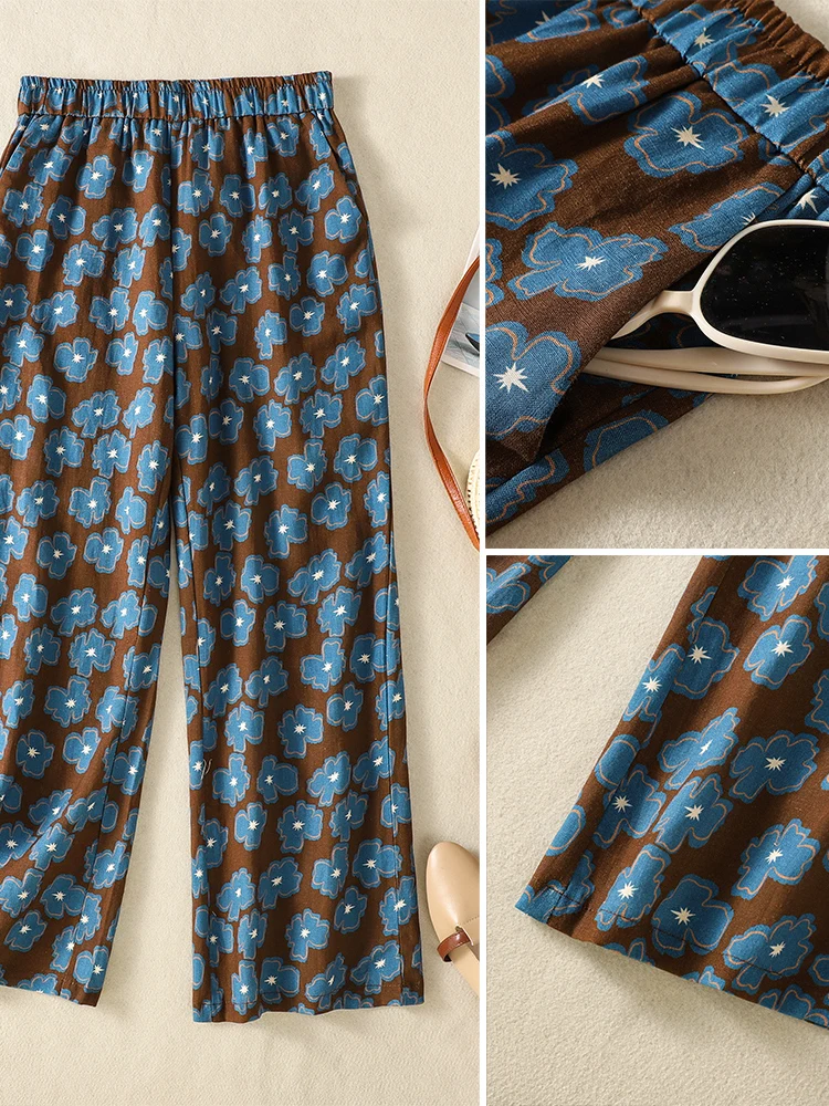 Slimming Blue Floral Cotton Linen Casual Pants Loose Fit Versatile High Waist Wide Leg Pants for Women in Autumn Season
