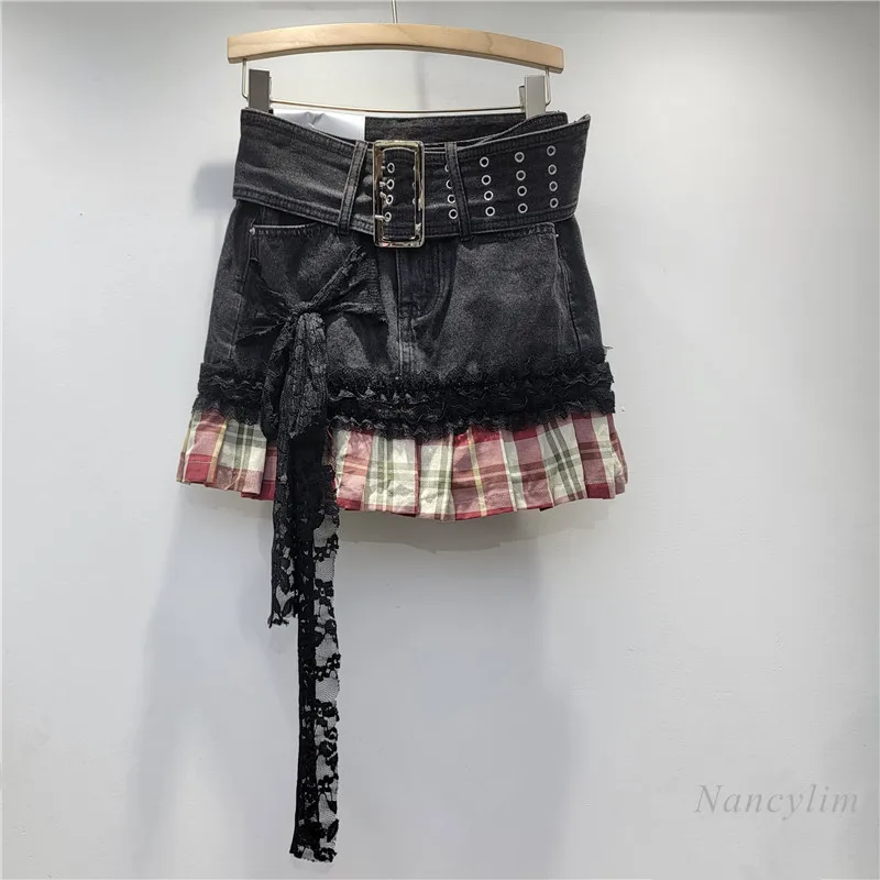 Spice Girl Denim Skirt A-shaped Splicing Red Plaid High Waist Lace Bow Skirt 2025 Spring New Jupe Femme