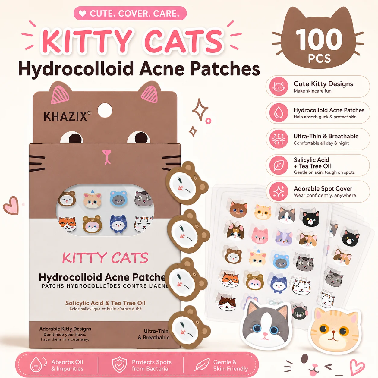 100pcs Cartoon acne patch, cute cat-shaped facial concealer acne patch, safe, non-toxic, gentle and non-irritating
