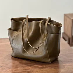 2026 Europe and the United States retro big shopping bag leather shoulder bag female tree paste cowhide Tote bag