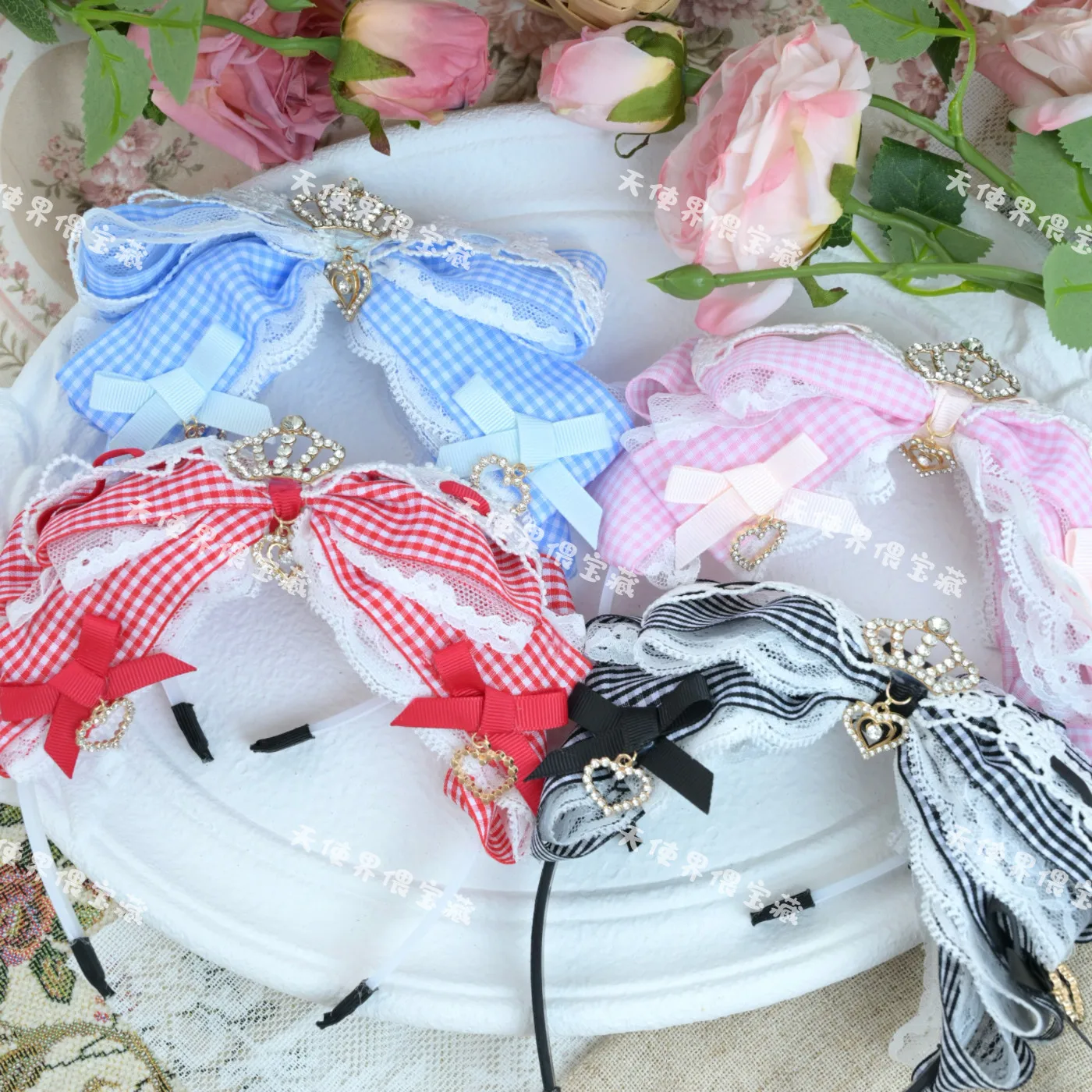 Strawberry Gingham Lolita KC Headband Crown Heart Bow Alternative Kawaii Cute Sweet Hair Accessories for Women