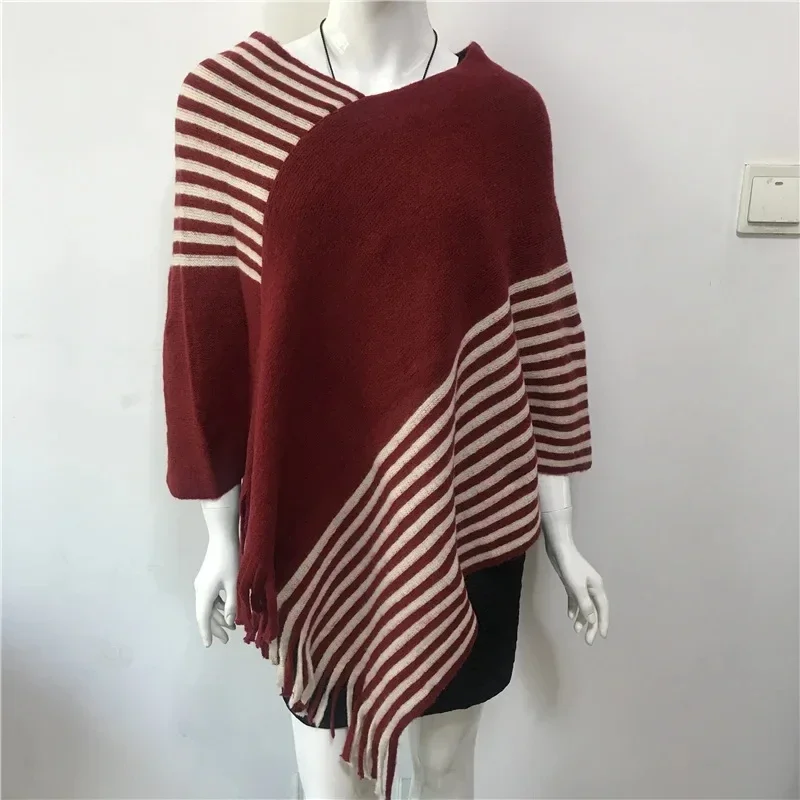 2024 Spring Autumn New Loose Stripe Two-color Contrast Tassel Pullover Cloak Shawl Women Sweater Kitting Poncho Cape Red