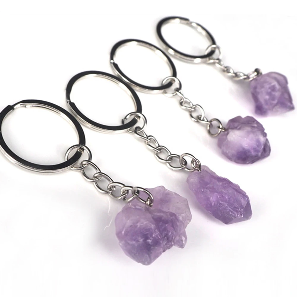 1Pc Natural Brazilian Amethyst Rough Stone Keychains Healing Crystal Mineral Specimen Handbag Keyring Pendant Accessories