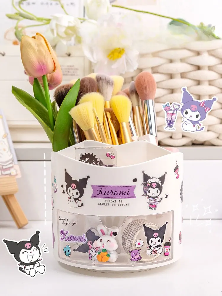 Cute Sanrio Rotating Pen Holder Storage Box Anime Kuromi Cinnamoroll Kawaii Desk Organizer Stickers Stationery Cosmetic Storage