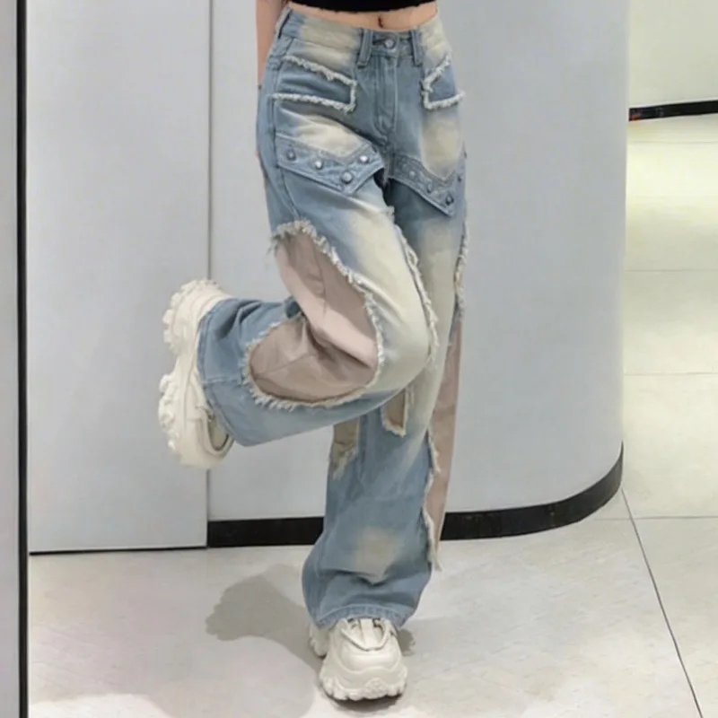 ANJY Spring Autumn New Women American Style Retro Washed Patchwork Distressed Jeans Chic Trend Contrast Color Denim Pants A23578