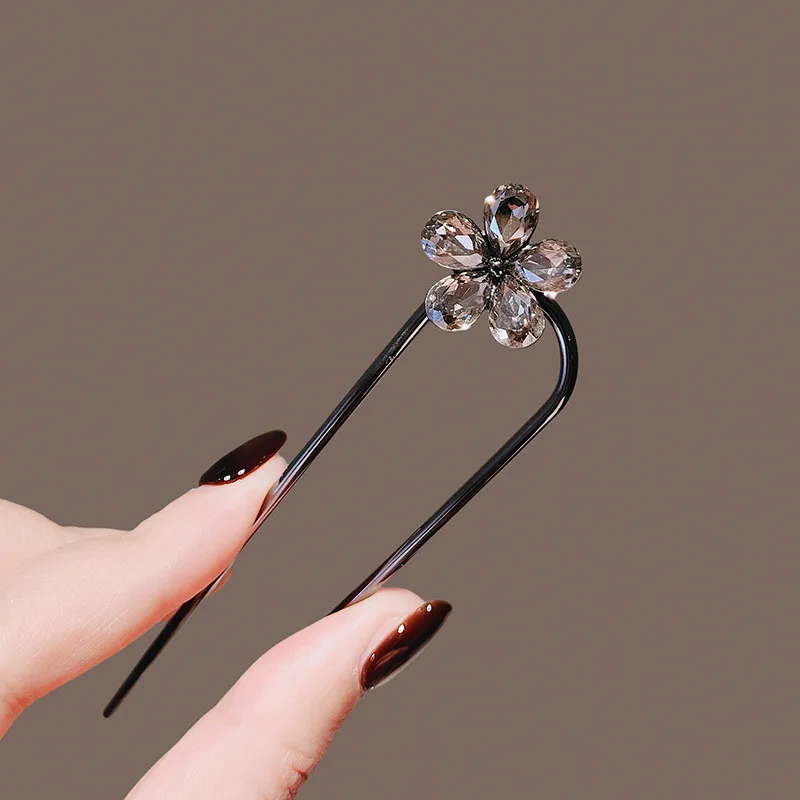 Temperament Crystal Flower U-shaped Hairpin for Women Back Head Simple Black Color Hair Sticks Summer Hair Accessories