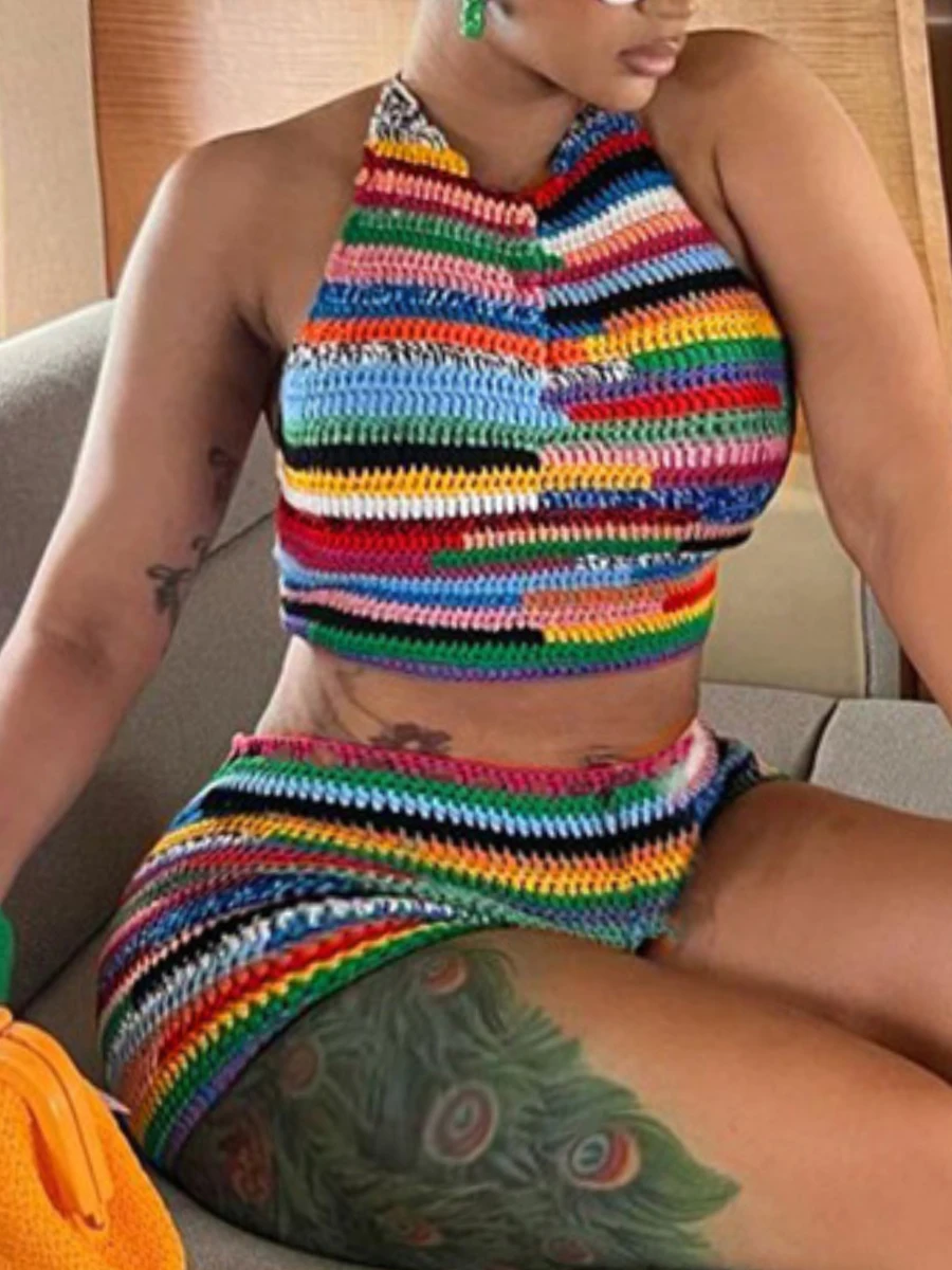 LW Plus Size Backless Crop Top Striped Shorts Set Summer Rainbow Colors Halterneck Vest+Stretch Shorts Two-Piece Beach Vacation