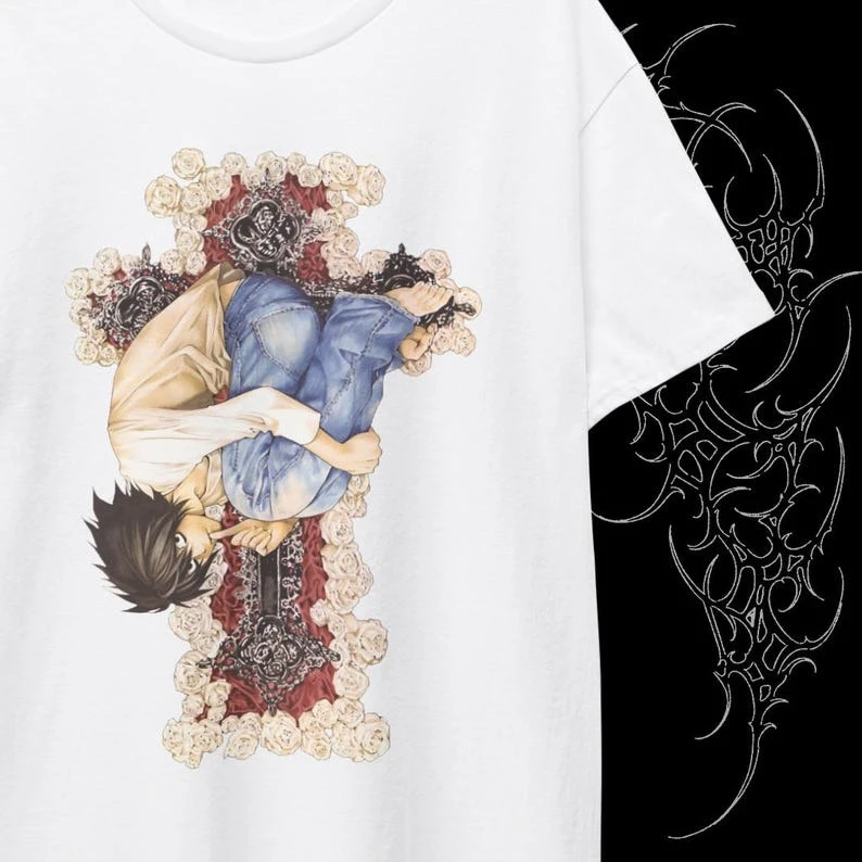 Bestseller Death Note Inspiriertes Gotisches Kreuz und Rosen Anime T-Shirt Unisex Mode T-Shirt Hip Hop Streetwear Übergroßes T-Shirt