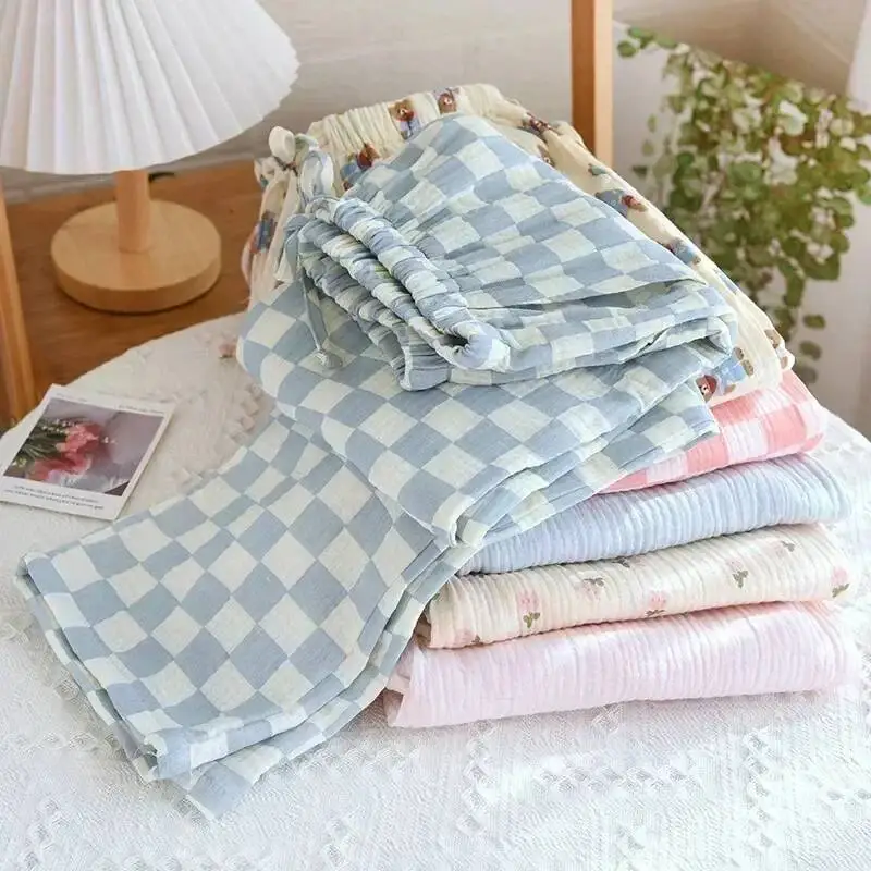 

Новые весенние пижамы для женщин, креп, 100% хлопок, свободные повседневные прямые брюки, домашняя одежда, брюки для сна в шахматном порядке