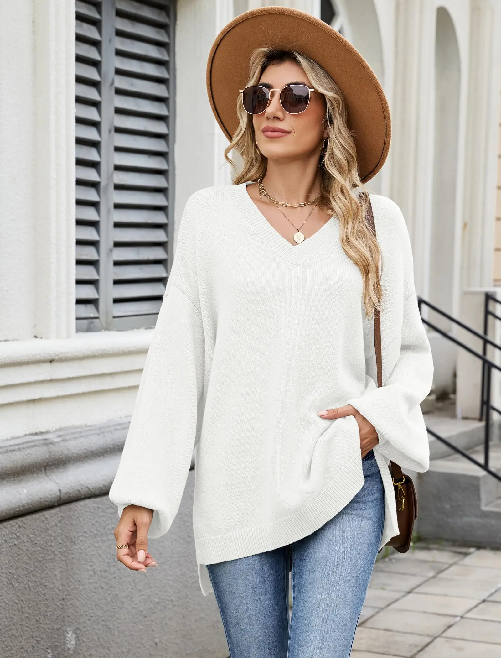 

ZAFUL Women's Oversized Sweater 2025 Fall Casual V Neck Knit Side Slit Baggy Batwing Winter Long Sleeve Pullover Outfits