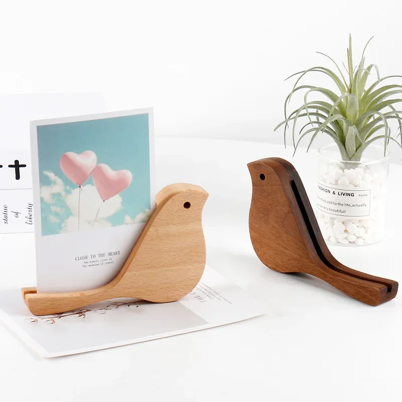 Cute Bird Shaped Wooden Phone Stand Walnut Wood Desktop Card Holder for Photos, Notes & Mobile Phones Decorative Desk Accessory