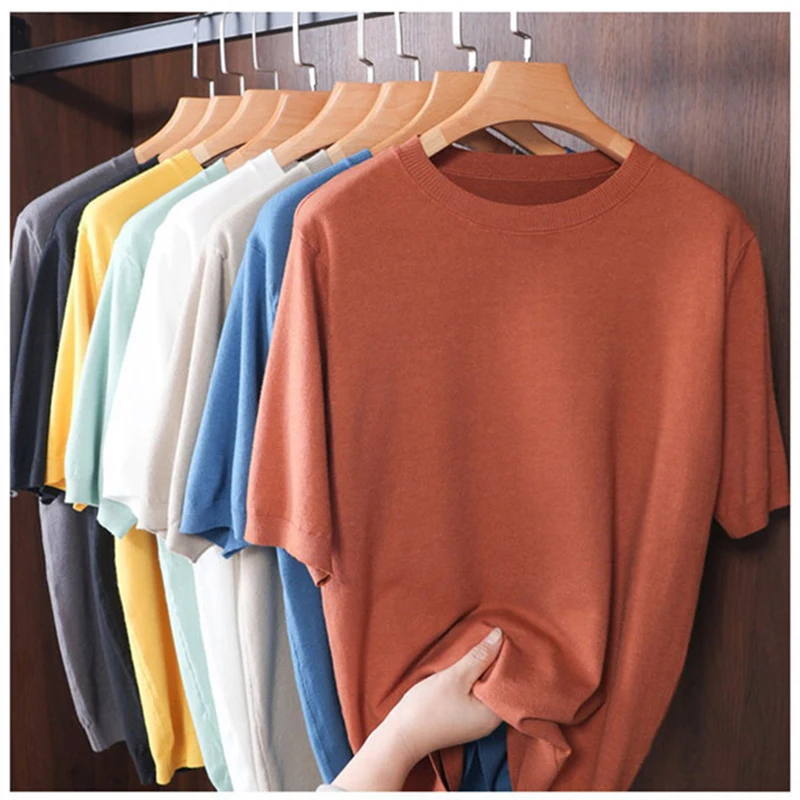 Superfine Merino Cashmere T Shirt Men's Knitted O-neck Breathable Thin Cashmer Short Sleeve Tee Modal Wool Sweater Tops