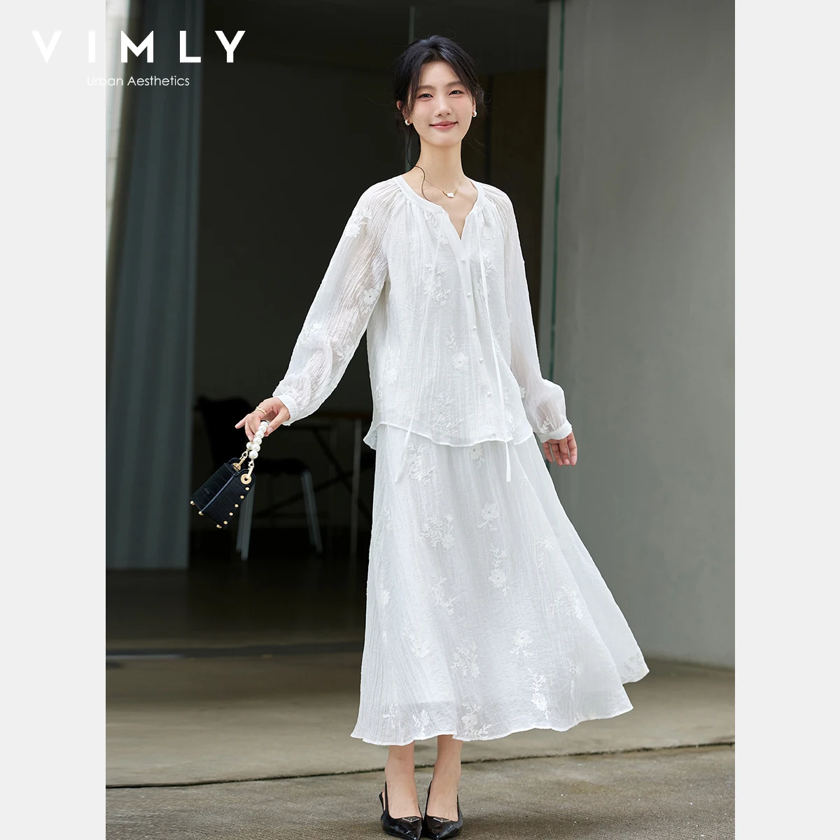 

VIMLY белый костюм с французской вышивкой, женский осенний костюм 2024, новая рубашка с длинными рукавами, юбка средней длины, комплект из двух предметов A2675