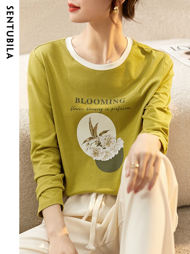 SENTUBILA Elegant Casual Summer Women\'s T-shirt 2024 Fashion Printing Floral T Shirt Round Neck Long Sleeve Ladies Tee Shirt