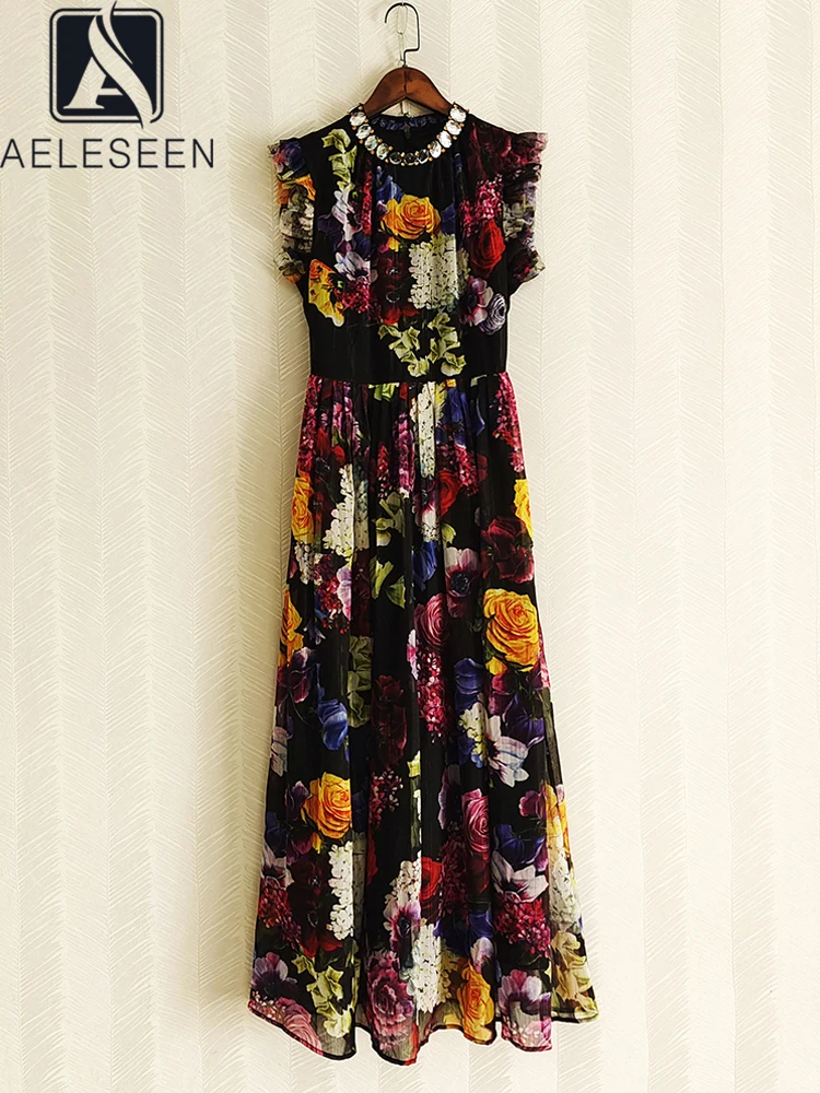 AELESEEN Women Summer Dress Designer Fashion Sleeveless Colorful Flower Print Beading Crystal Ruffles Long Party Beach Holiday