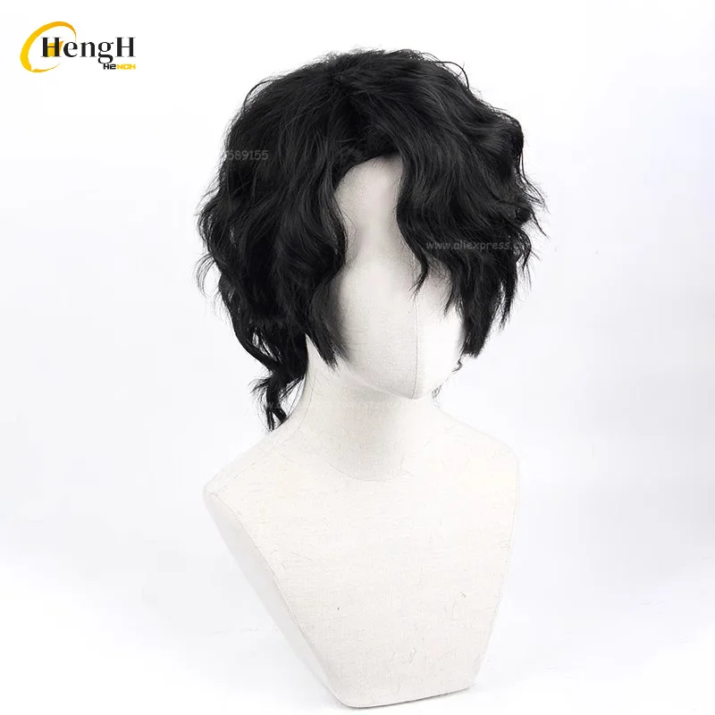 Stok tersedia Wig Anime Sakusa Kiyoomi sintetis 30cm Wig Anime Cosplay keriting hitam Wig pesta Halloween rambut tahan panas + topi Wig