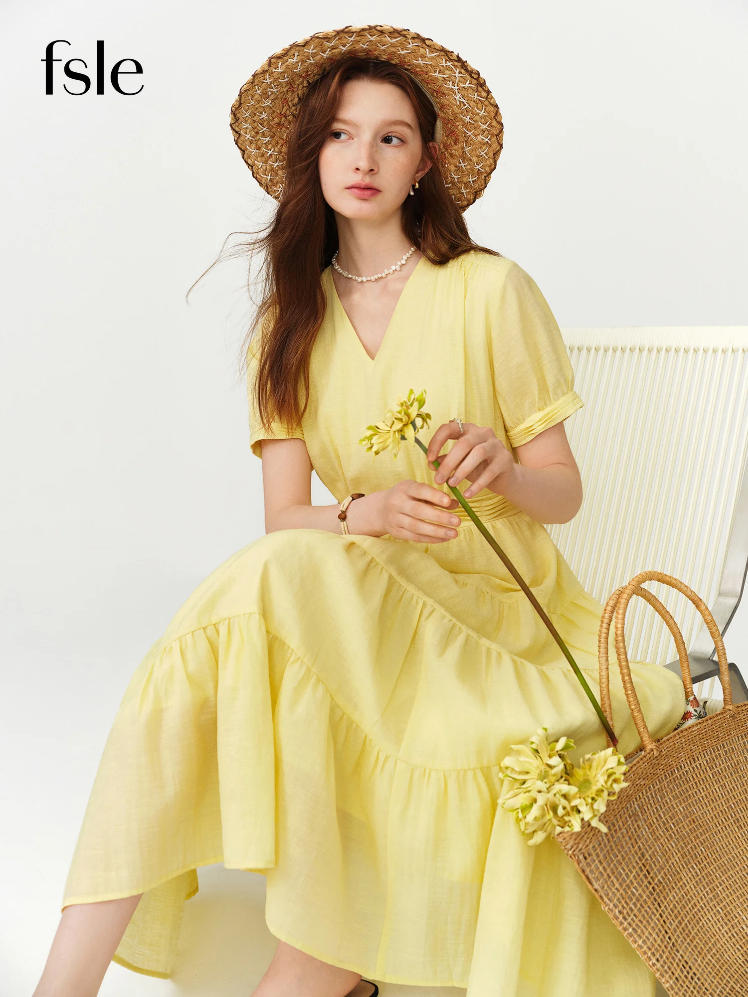 

Новое летнее женское платье FSLE 2026 с V-образным вырезом, пышными рукавами, плиссированной талией, завышенной талией, коротким рукавом и длиной до середины икры, в стиле фейри