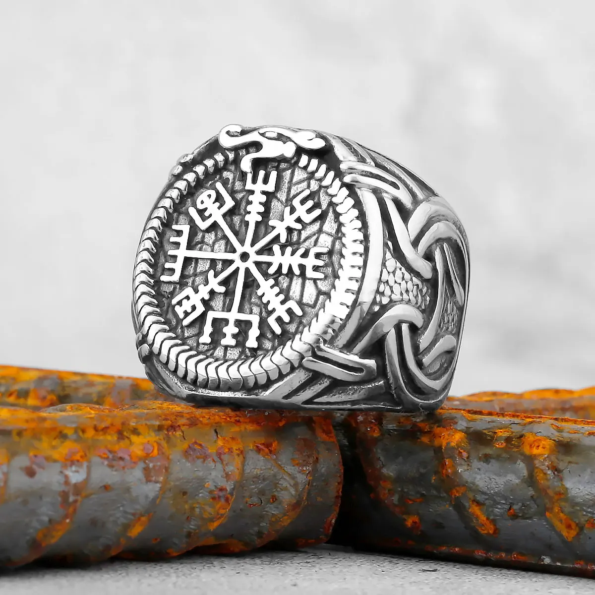 Stainless Steel Jewelry Vintage Nordic Viking Compass Symbol Runes Rings for Men Domineering Cool Nordic Rune Amulet Rings