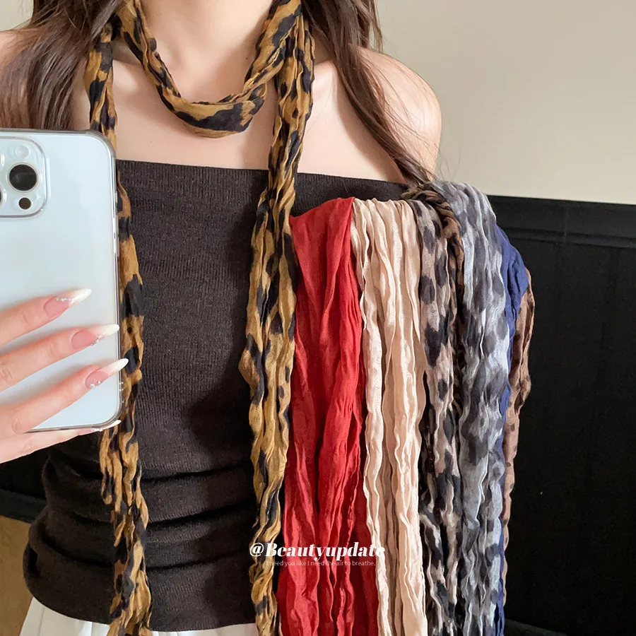 Crinkled Thin Long Neck Scarves Vintage Animal Pattern Wrinkled Skinny Shawls Retro Printed Long Wrap Ties Casual Neckwear