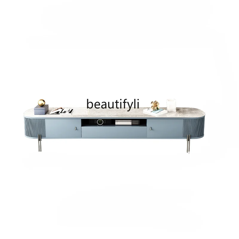 Bright Light Stone Plate Coffee Table TV Cabinet Combination Minimalist Arc Light Luxury Coffee Table Gem Blue