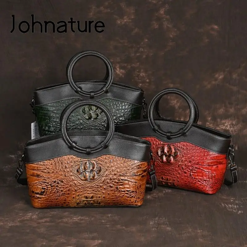 Johnature 2024 New Luxury Handbags Women Bags Designer Genuine Leather Vintage Crocodile Embossed Real Cowhide Shoulder Bags