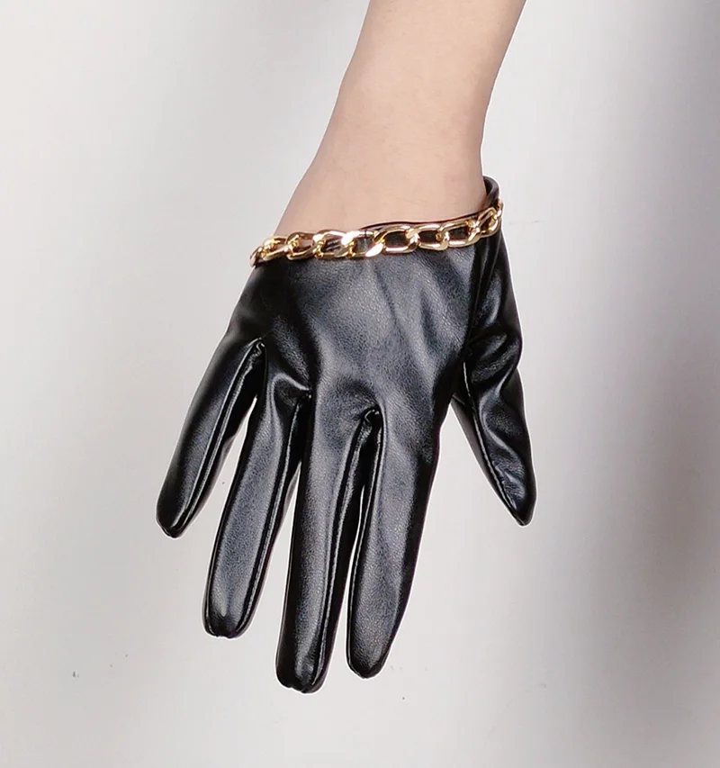 Women Gothic Punk Rivets Chain Rock Show Half Palm Full Finger Fitness Glove Female Night Club Pole Dancing PU Leather Mitten A4