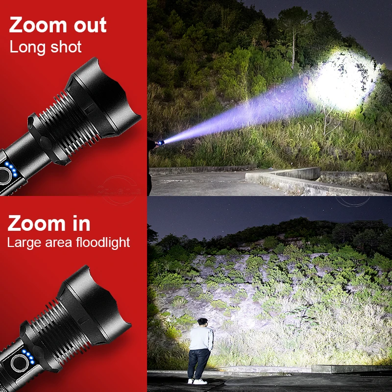 Super Bright Xhp70.2 Flashlight Torch USB Rechargeable Zoom LED Tactical Torch 126650 Battery for Camping Outdoor