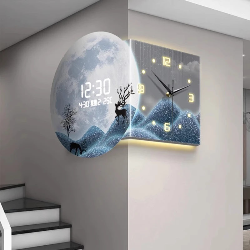 

Minimalist Living Room Turn Corner Wall Clock Decoration Creative Double-sided Clock Mural Moon Number Display Screen Clock