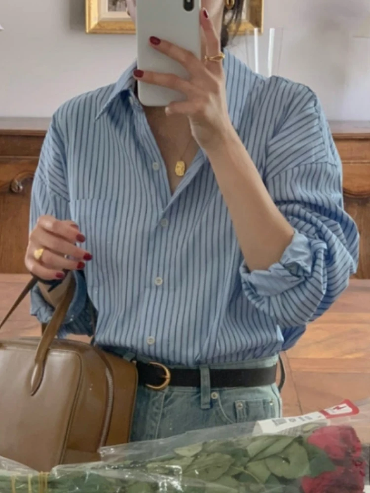 Blue Striped Long Sleeve Shirt Women's Vintage Style Korean Loose Fit Spring 2024 Fashion Casual Elegant Top