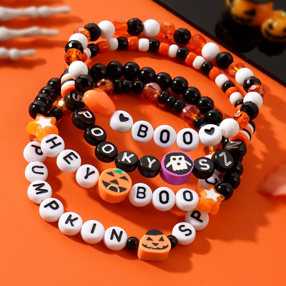 4-pcs round letter soft ceramic crystal/acrylic peach heart/round bead/domestic rice bead Halloween bracelet set, Halloween gift