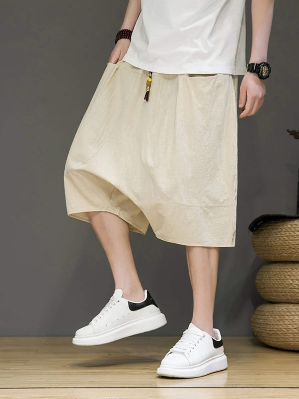 

Low Cost Men's Casual Linen orts Loose Beachwear Comfortable Harajuku Sle mid High Waist Summer Faion Trendy Brand