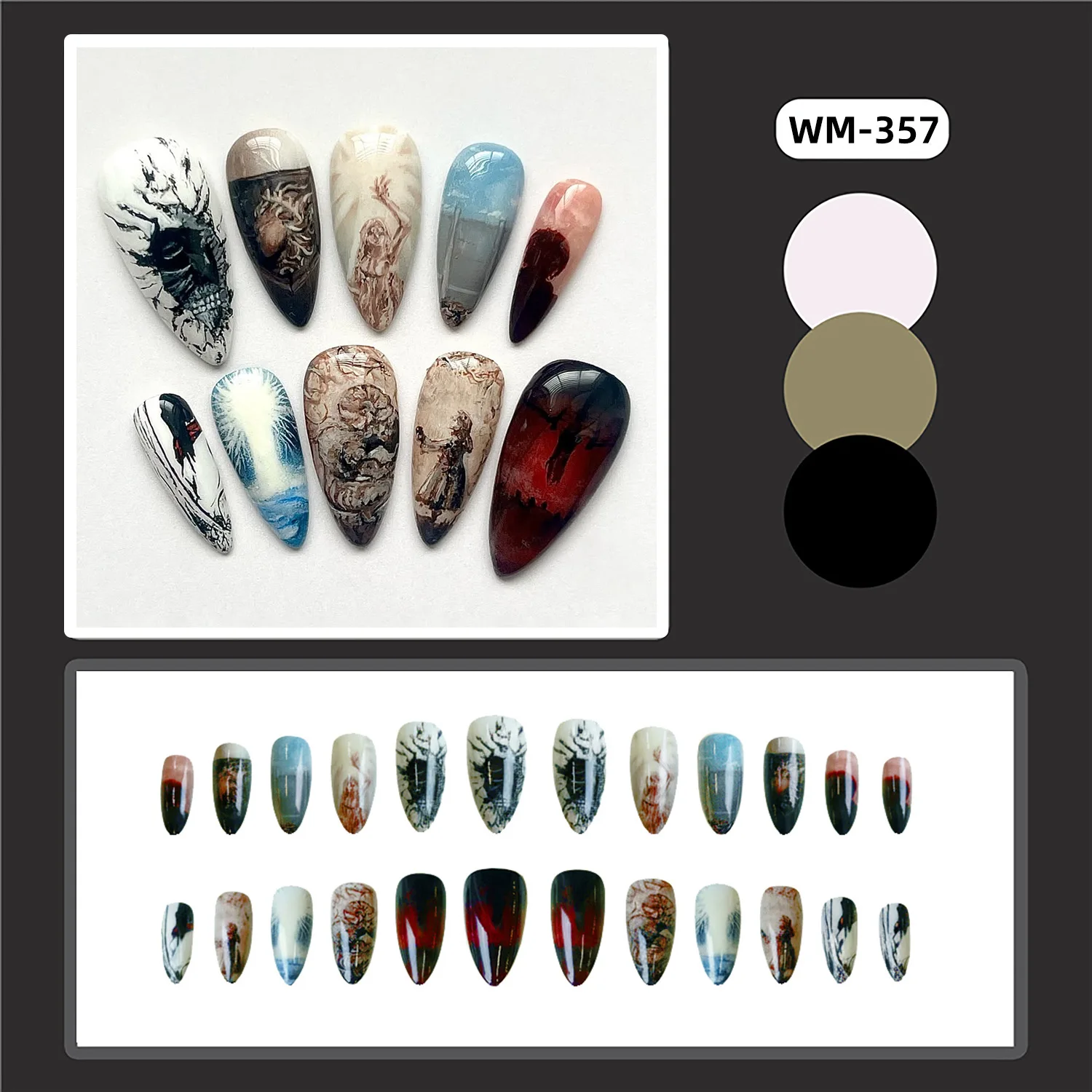 10 Stück künstliche Nägel im französischen Stil mit Mandeln, Hell's Angels, dunkles Halloween-Thema, zum Aufdrücken der Nägel, vollständige Abdeckung, Party, tragbarer falscher Nagel