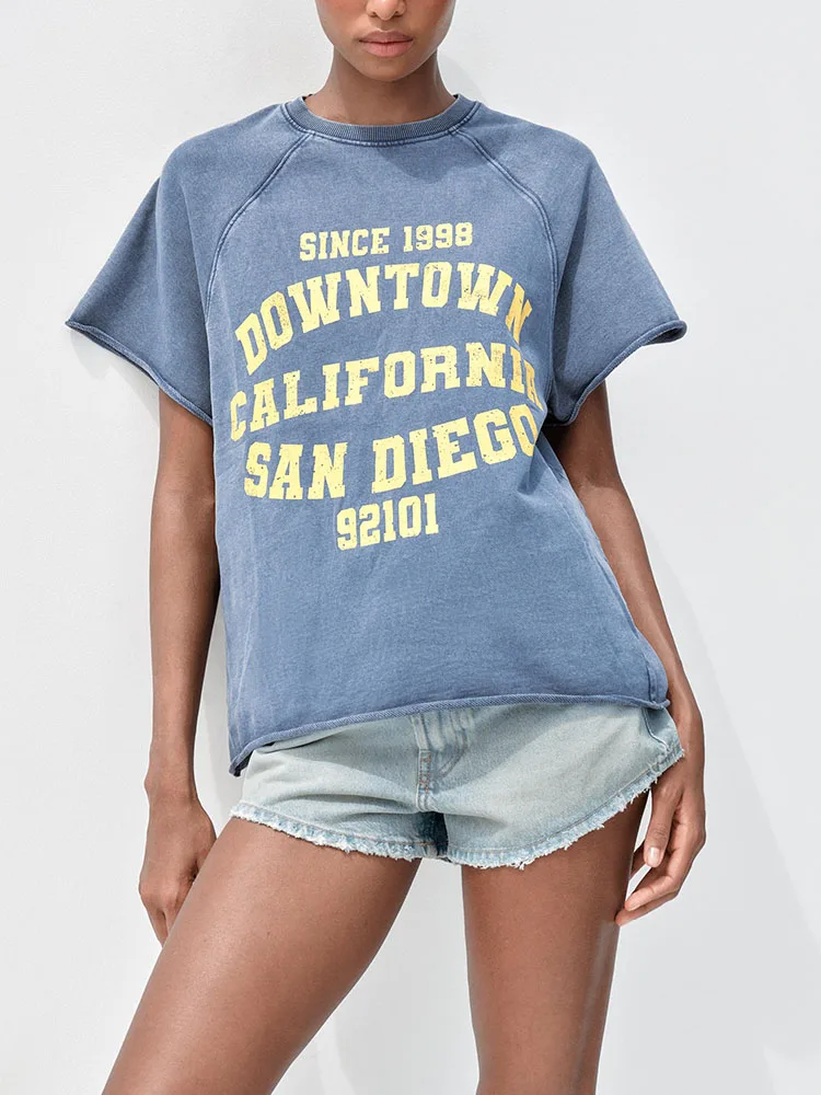 패셔너블한 반팔 플리스 스웨트셔츠 여성용 여름 신상품 2025 프린트 워시 효과 다용도 출퇴근 스타일 니트웨어