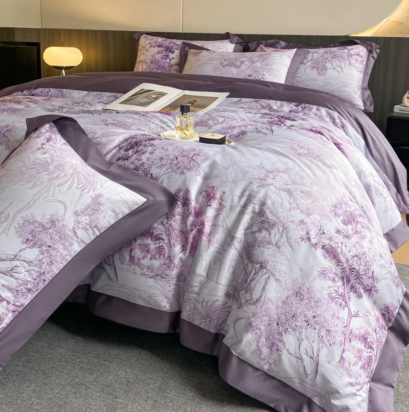 2024 New Forest printing Bedding Set Luxury 4PCS Purple Egyptian Cotton Quilt Cover Bed Sheet Pillowcases Home Textile