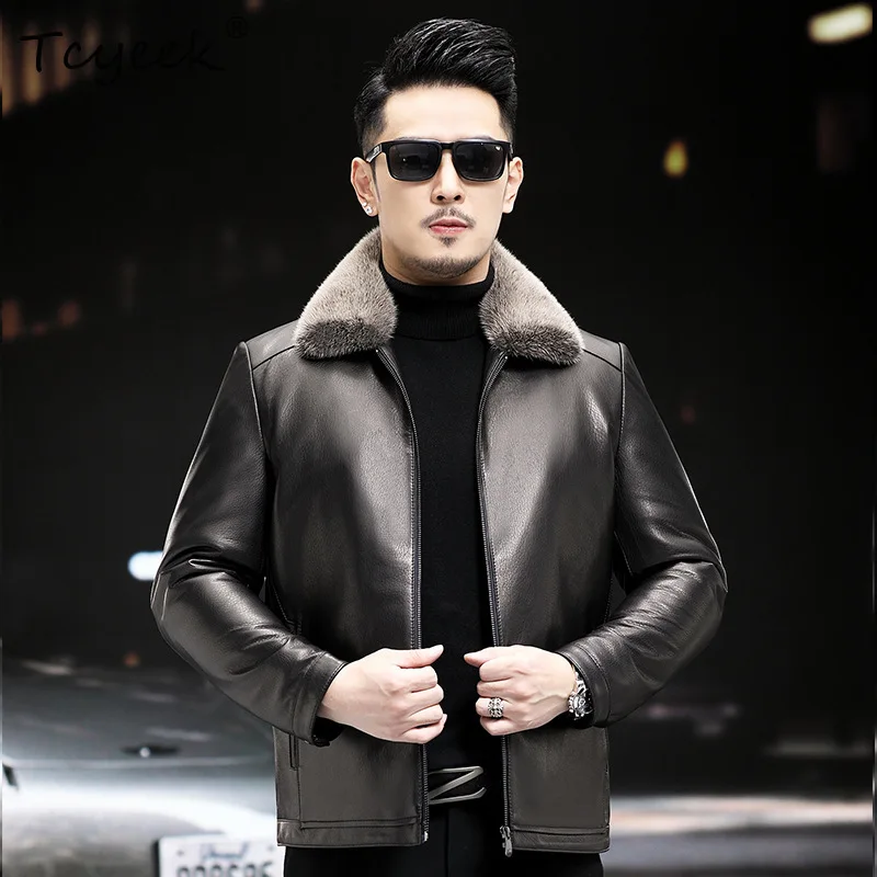 Tcyeek معطف فرو المنك الطبيعي الرجال الملابس الشتوية الشظية الأزرق المنك الكامل 2025 الطبقة العليا جلد الماعز سترة جلدية حقيقية معاطف رجالي