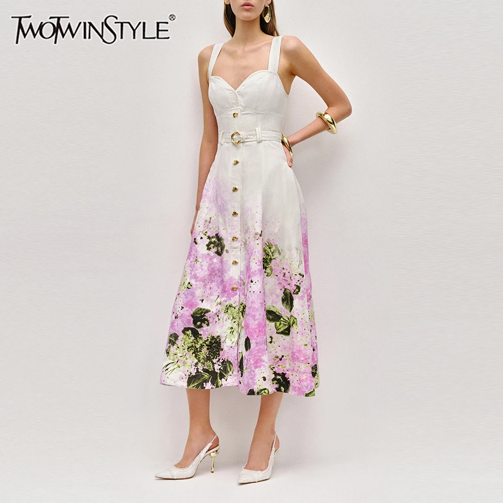 TWOTWINSTYLE Colorblock Slimming Spliced Printing Dress for Women Square Neck Sleeveless Patchwork Single Buttons Dresses Female