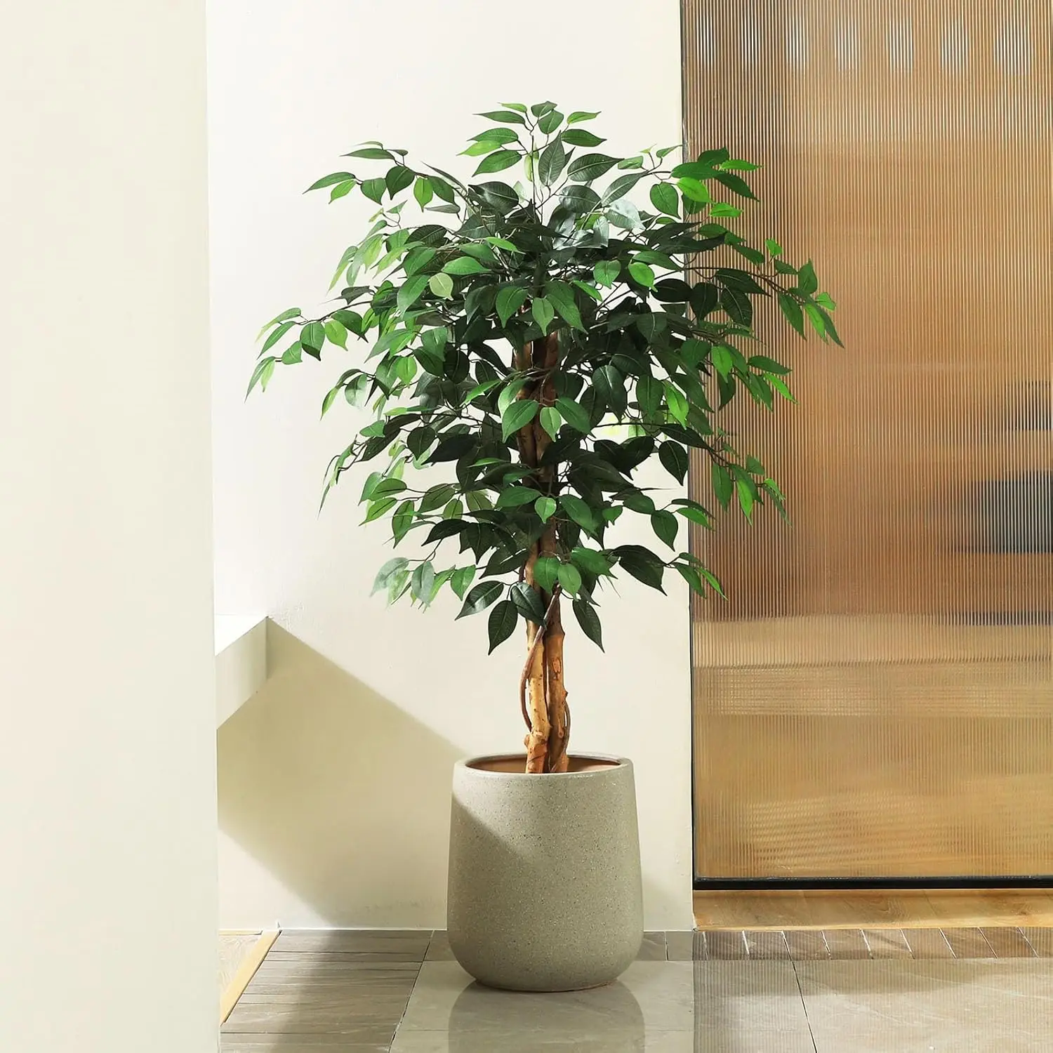 

4ft Artificial Ficus Tree with Natural Wood Trunk, Silk Fake Ficus Tree in Plastic Nursery Pot, Faux Plant, 1 Pack