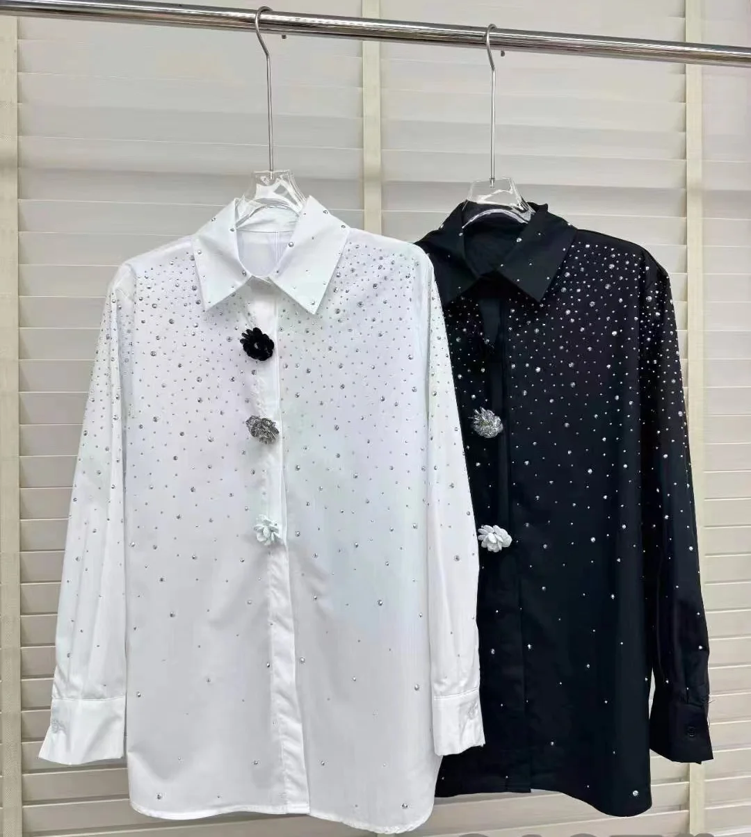 New In Hot Drilling Diamonds Black White Shirts For Women Fashion Long Sleeve Buttons Up Blouse Tops Blusas