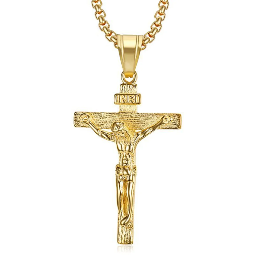 Religious Jesus Christ Cross Pendant Necklace for Women/Men Gold Color Stainless Steel Crucifix Necklaces Male Christian Jewelry