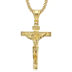 Religious Jesus Christ Cross Pendant Necklace for Women/Men Gold Color Stainless Steel Crucifix Necklaces Male Christian Jewelry