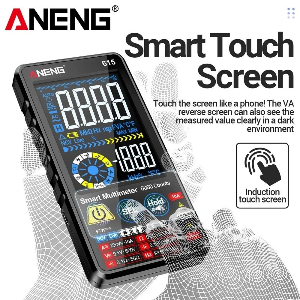ANENG 615 Digital Multimeter Touch Screen AC/DC Voltage Tester 6000 Counts with Diode And Lithium Battery Charging Function