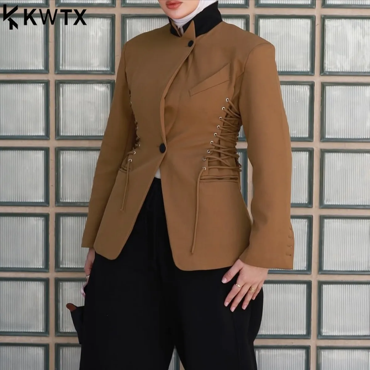 

KWTX Women's Color Block Blazer New Casual Designer One Button Tie Waist Trendy Chic Vintage Elegant Autumn Winter 2025