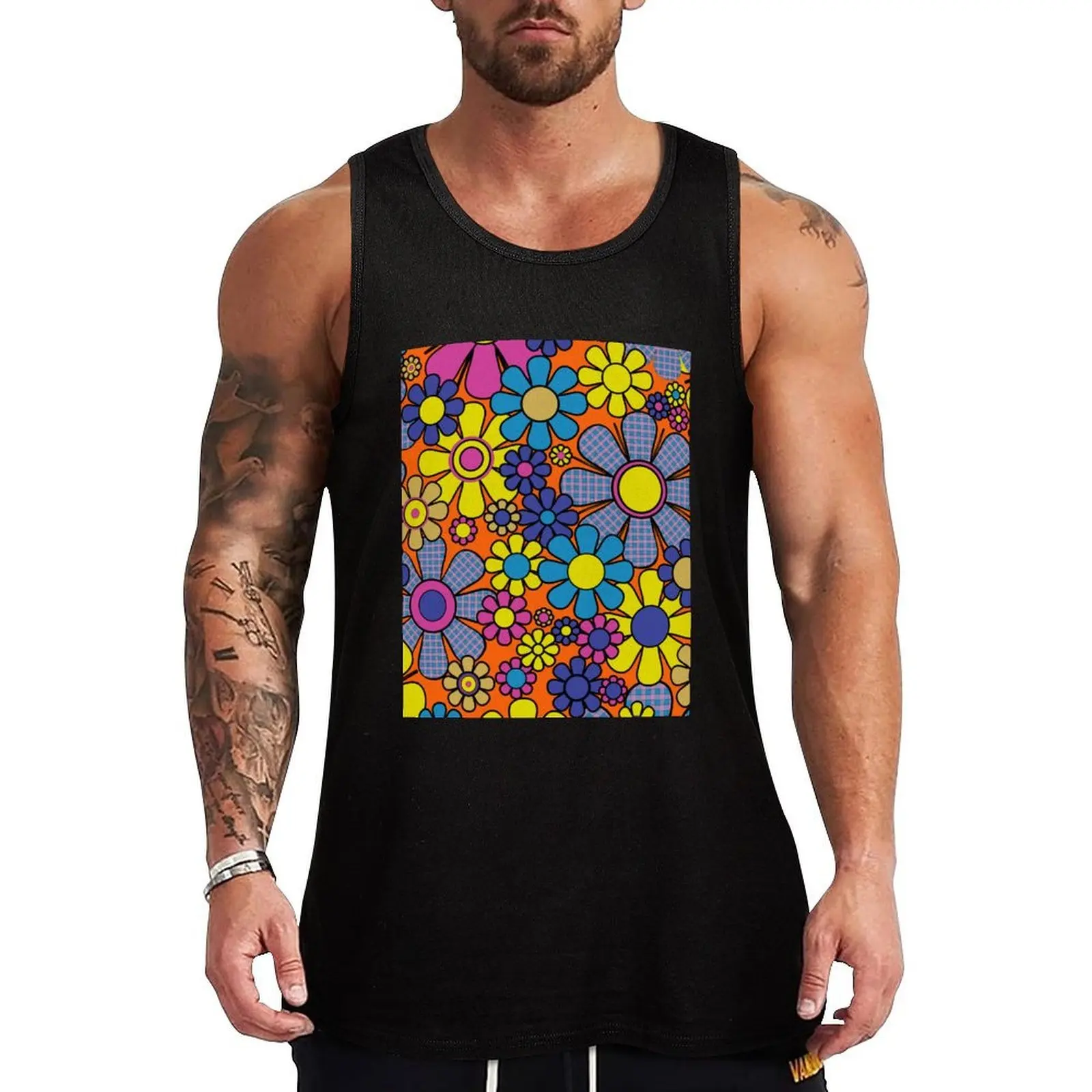 

Groovy Maximalist Floral Retro Garden Gingham Flowers 60s 70s Pattern Tank Top Classic Fit Undershirt Everyday Wear