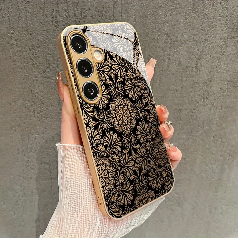 Funda de vidrio con patrón floral negro y dorado para Samsung Galaxy S26 S25 S24 S22 S21 S20 FE/Ultra/Plus, anti caídas 5