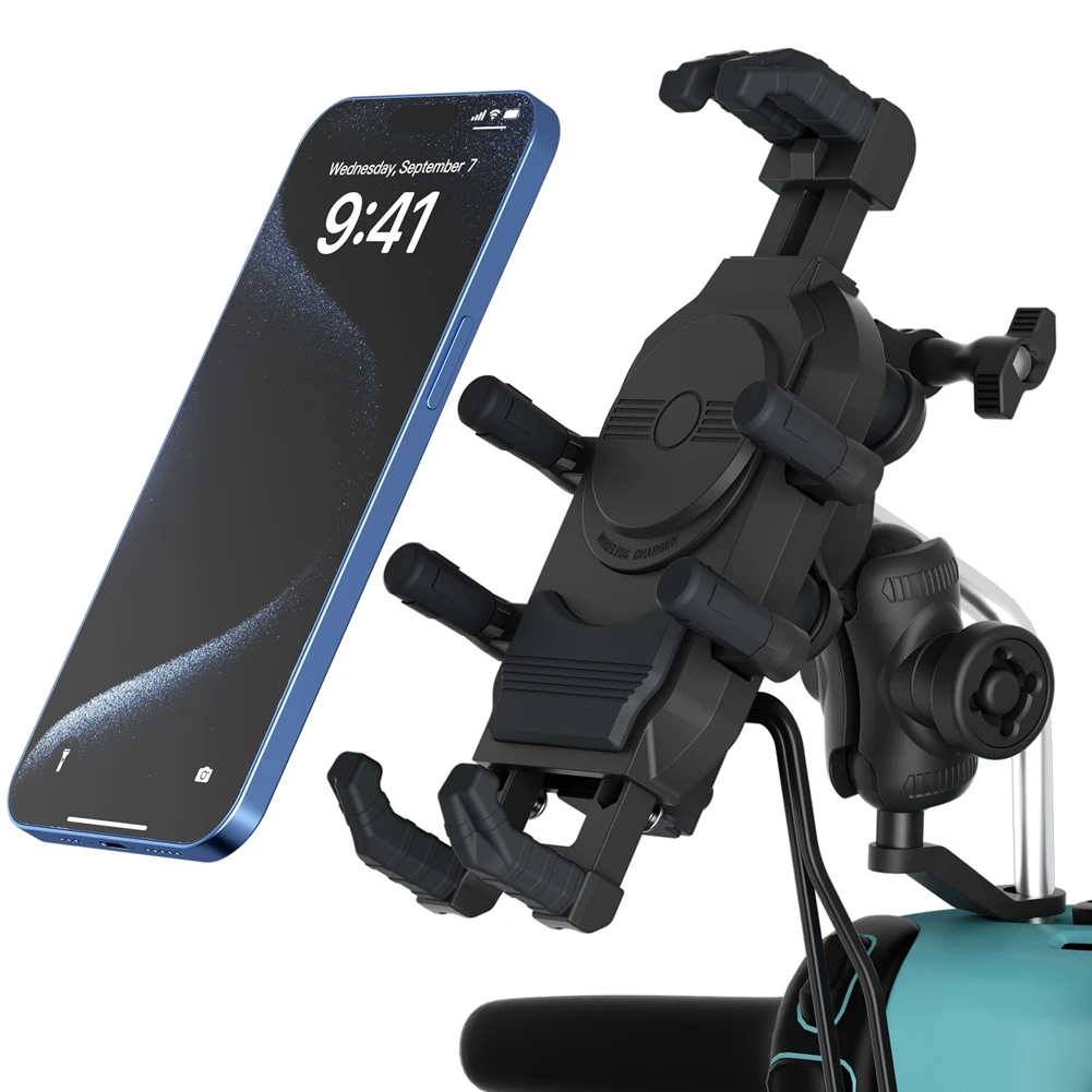 

Smartphone Handlebar Mount 15W Wireless Charging Shockproof Mobile Phone Mount Anti-Theft Motorbike Phone Bracket