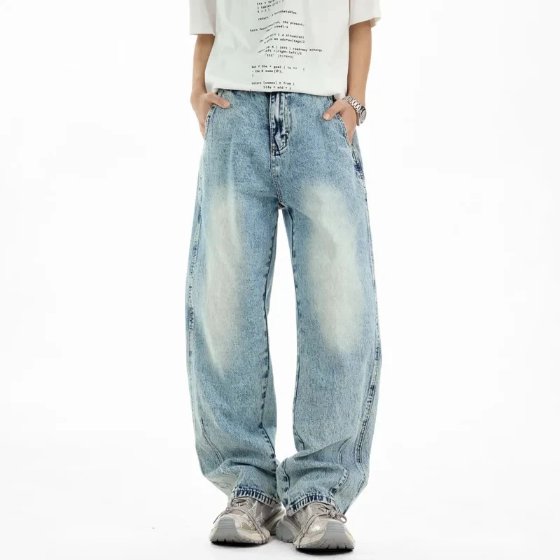

Premium Blue Men's Baggy Jeans American Casual Minimalist Denim Snow Wash Faded Wide Leg High End Streetwear Pants