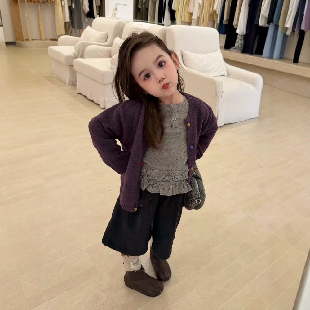 Autumn Girls 3‑Piece Outfit Fashion Knit Cardigan + Polka Dot Long‑Sleeve Top + Woolen Mid‑Length Pants Kids Girls Clothing Set